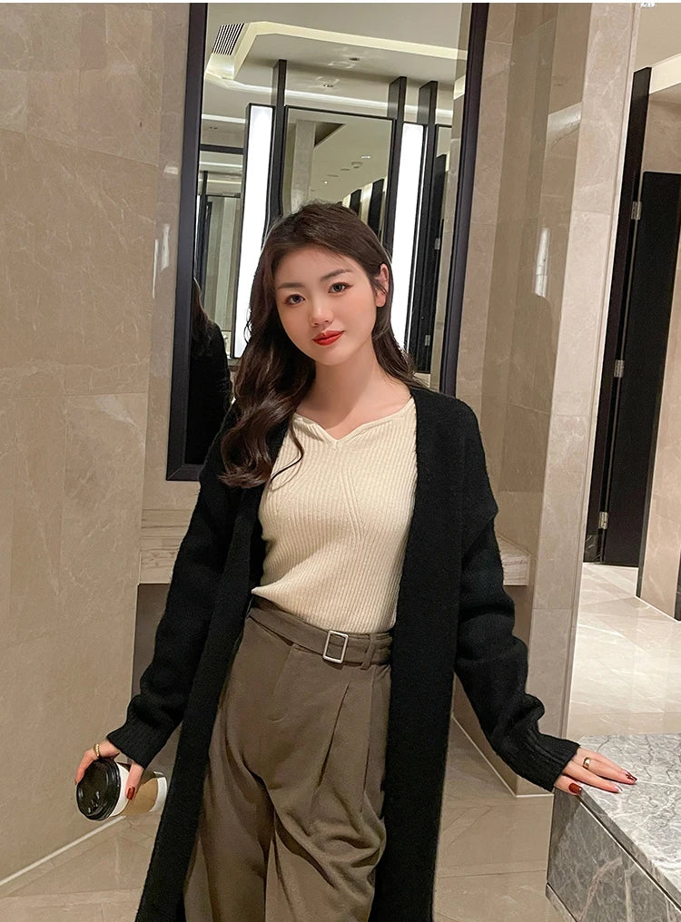 Women's V-neck Knitted Ribbed Sweater Slim Fit High Quality Autumn Winter Pullover Casual Long Sleeve Bodycon Sweater