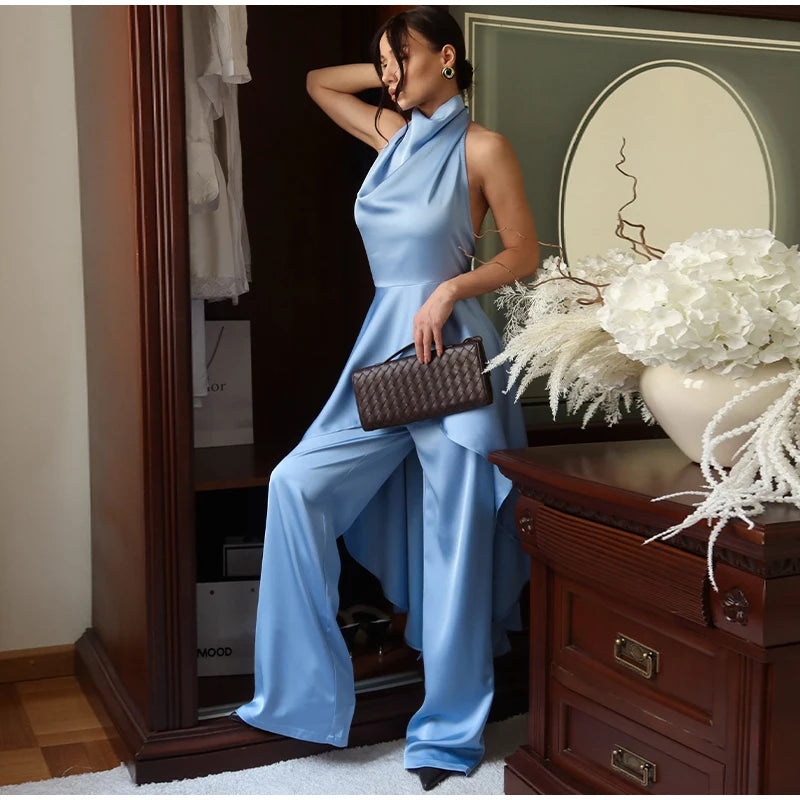 Elegant Women's Satin Halter Spliced Long Top Pants Set Sleeveless Backless Swing Collar Top Straight Leg Pant 2026 Fashion Suit