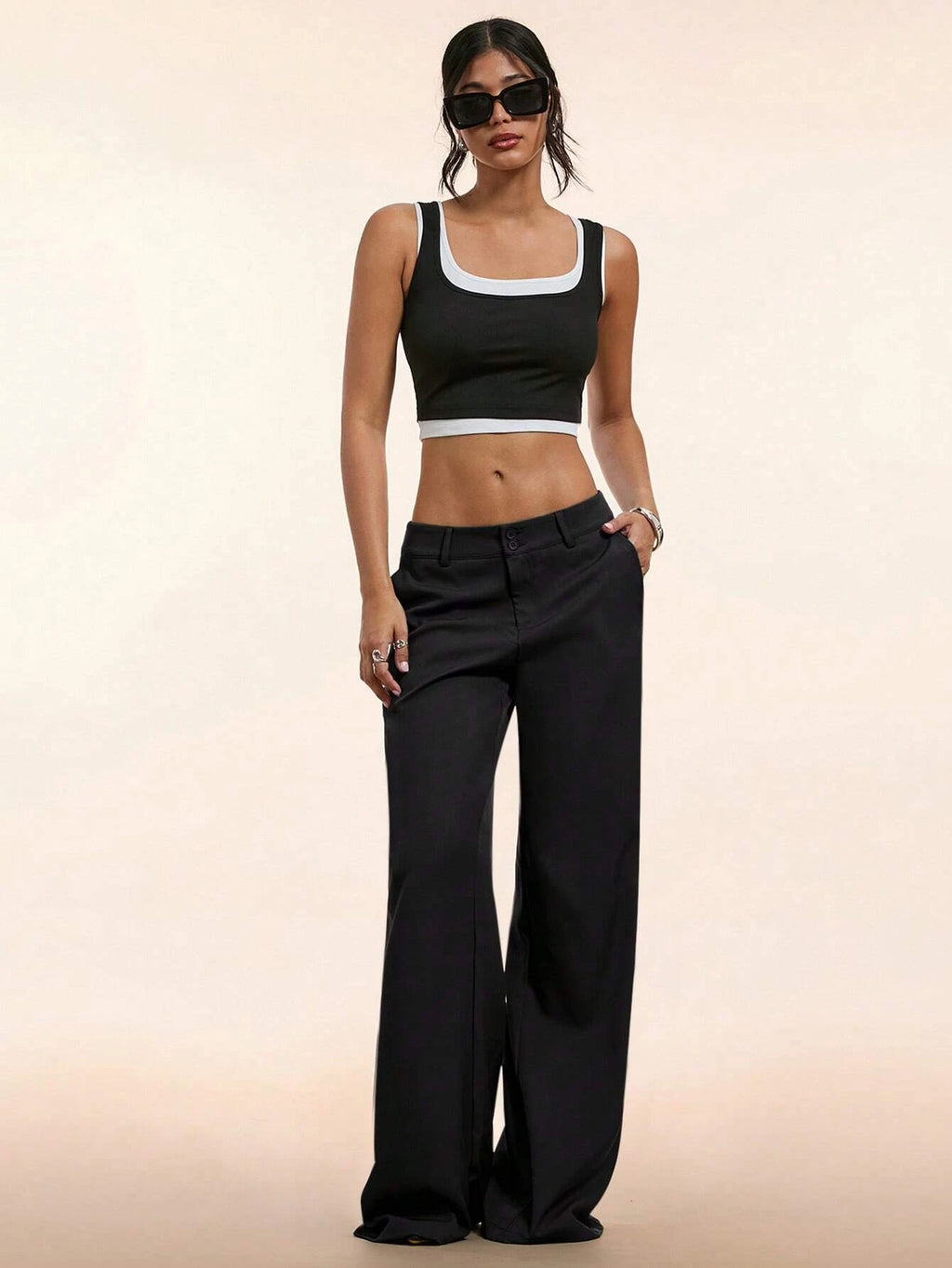 Women's Elegant Low Waist Wide Leg Pants Casual Ribbed Slight Flared Mopping Trousers Streetwear Polyester Elastane Blend