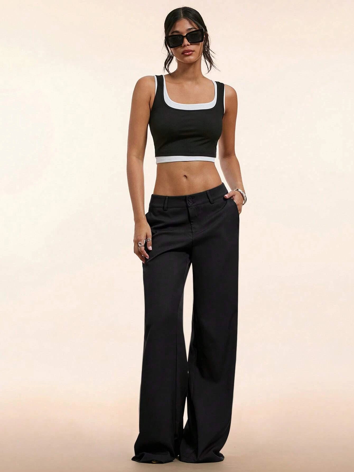 Women's Elegant Low Waist Wide Leg Pants Casual Ribbed Slight Flared Mopping Trousers Streetwear Polyester Elastane Blend