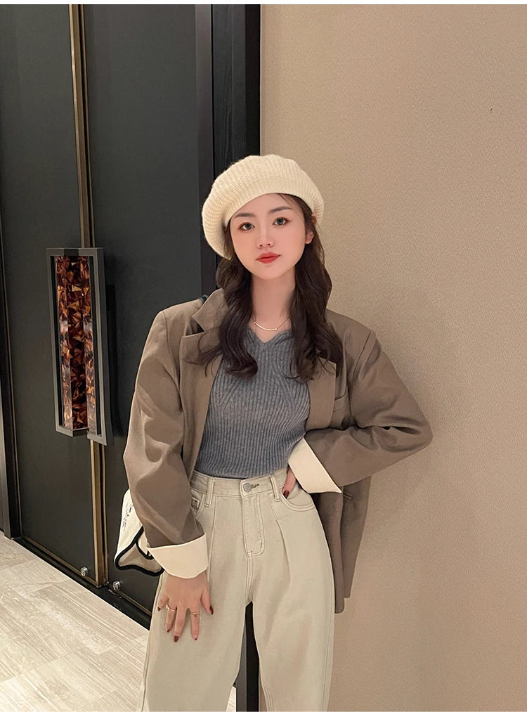 Women's V-neck Knitted Ribbed Sweater Slim Fit High Quality Autumn Winter Pullover Casual Long Sleeve Bodycon Sweater