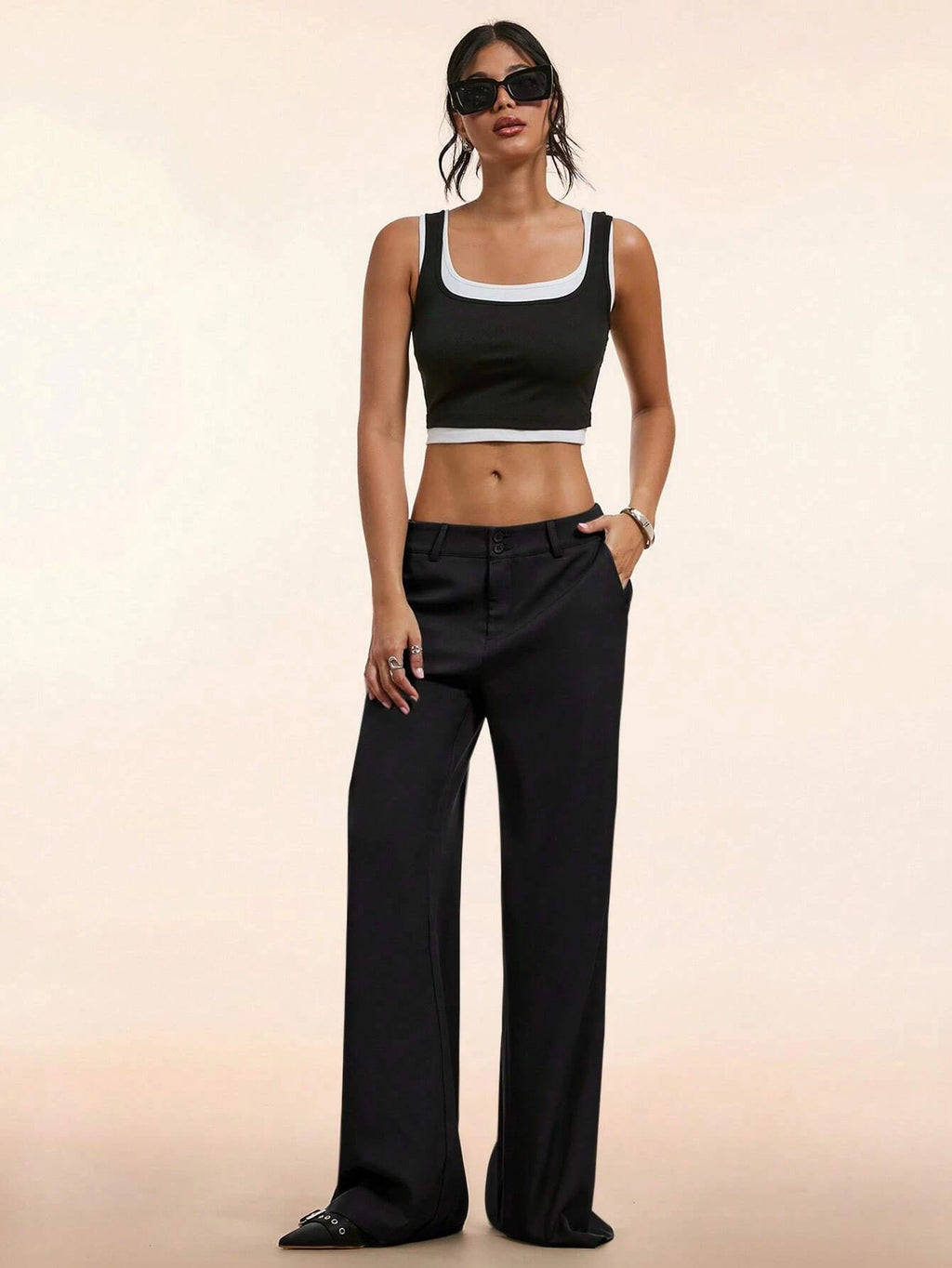 Women's Elegant Low Waist Wide Leg Pants Casual Ribbed Slight Flared Mopping Trousers Streetwear Polyester Elastane Blend