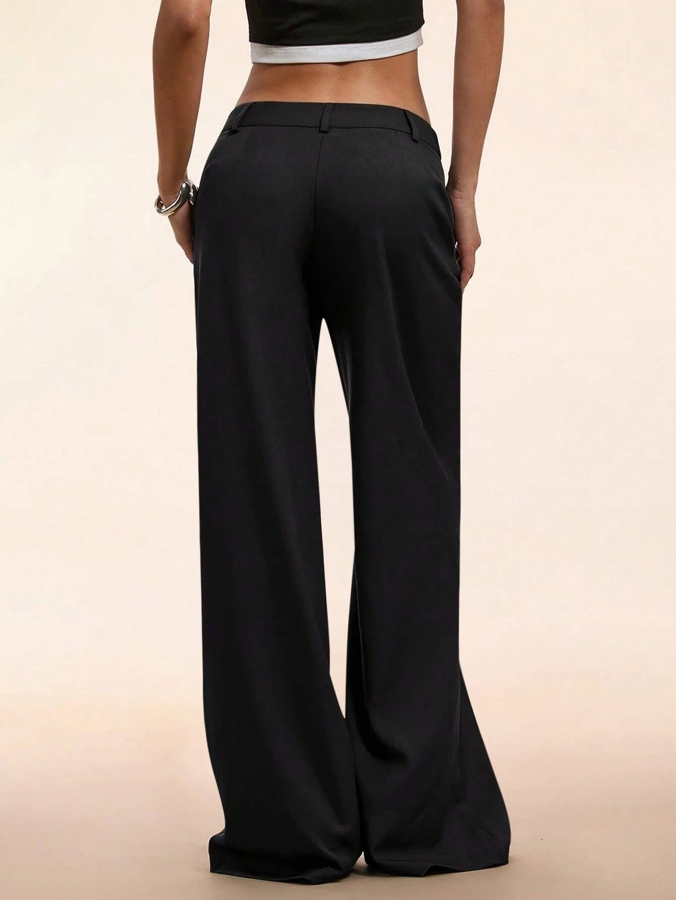 Women's Elegant Low Waist Wide Leg Pants Casual Ribbed Slight Flared Mopping Trousers Streetwear Polyester Elastane Blend