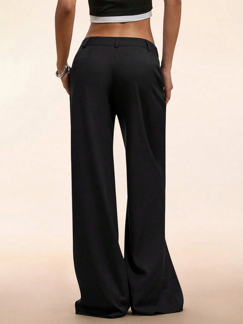 Women's Elegant Low Waist Wide Leg Pants Casual Ribbed Slight Flared Mopping Trousers Streetwear Polyester Elastane Blend