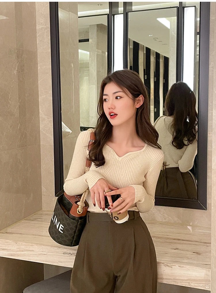 Women's V-neck Knitted Ribbed Sweater Slim Fit High Quality Autumn Winter Pullover Casual Long Sleeve Bodycon Sweater