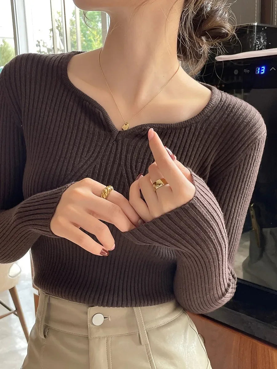 Women's V-neck Knitted Ribbed Sweater Slim Fit High Quality Autumn Winter Pullover Casual Long Sleeve Bodycon Sweater