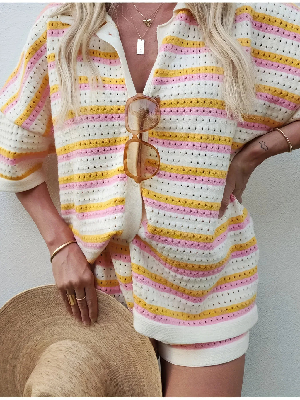 Summer Women's Striped Knitted 2-Piece Set Short Sleeve Flip Collar Cardigan & Casual Shorts Loose Fit Polyester Casual Wear