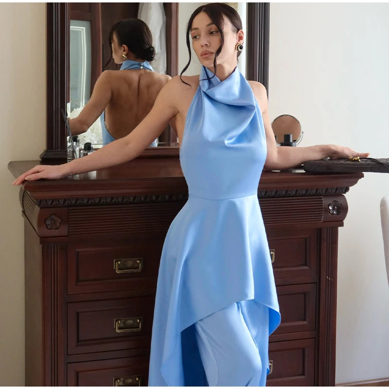 Elegant Women's Satin Halter Spliced Long Top Pants Set Sleeveless Backless Swing Collar Top Straight Leg Pant 2026 Fashion Suit