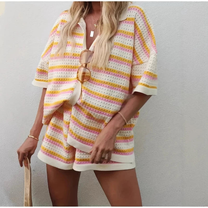 Summer Women's Striped Knitted 2-Piece Set Short Sleeve Flip Collar Cardigan & Casual Shorts Loose Fit Polyester Casual Wear