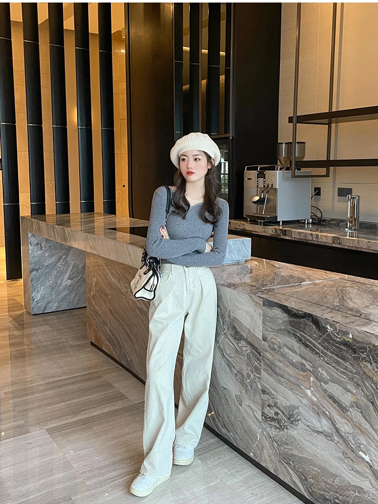 Women's V-neck Knitted Ribbed Sweater Slim Fit High Quality Autumn Winter Pullover Casual Long Sleeve Bodycon Sweater