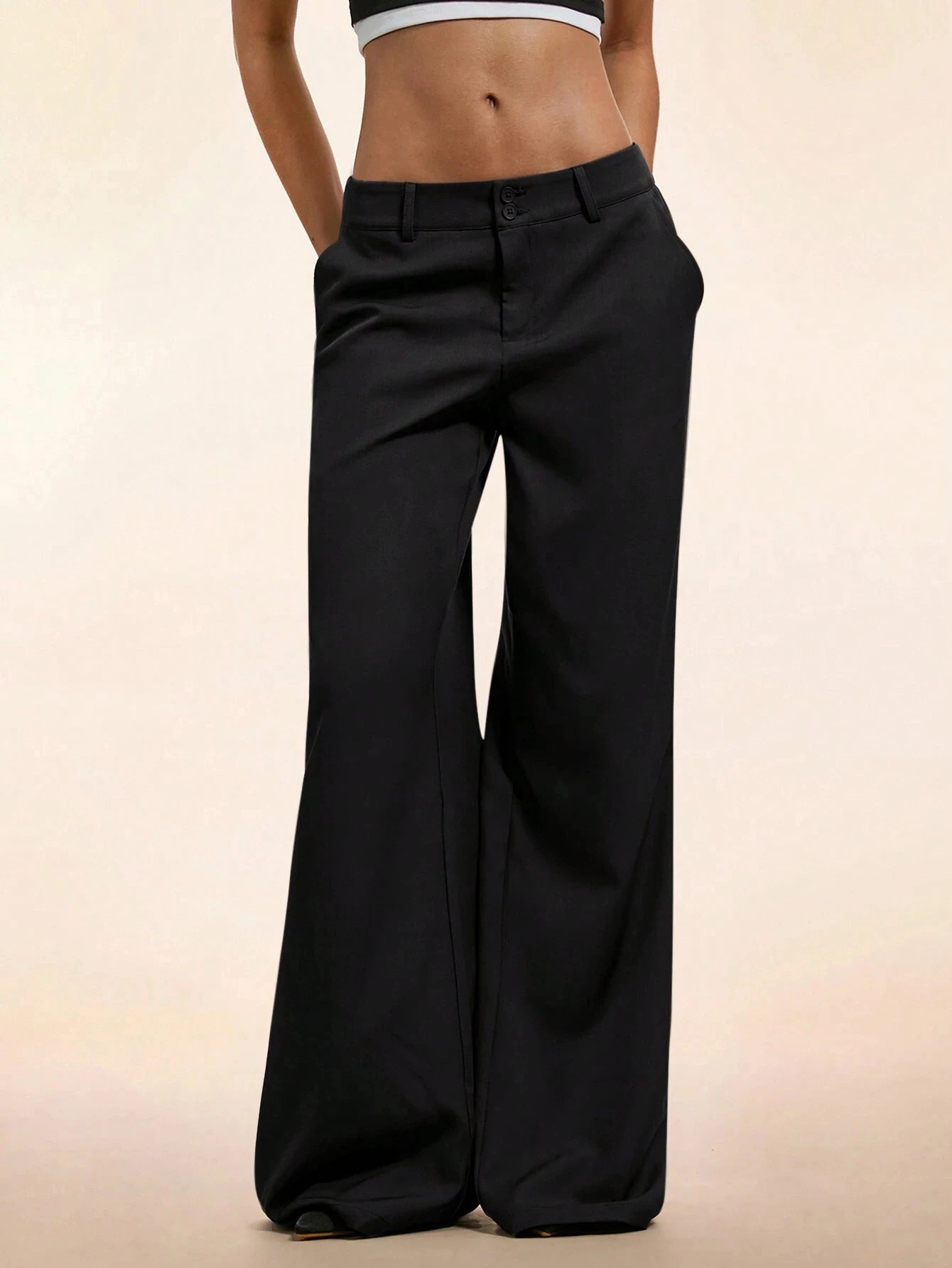 Women's Elegant Low Waist Wide Leg Pants Casual Ribbed Slight Flared Mopping Trousers Streetwear Polyester Elastane Blend