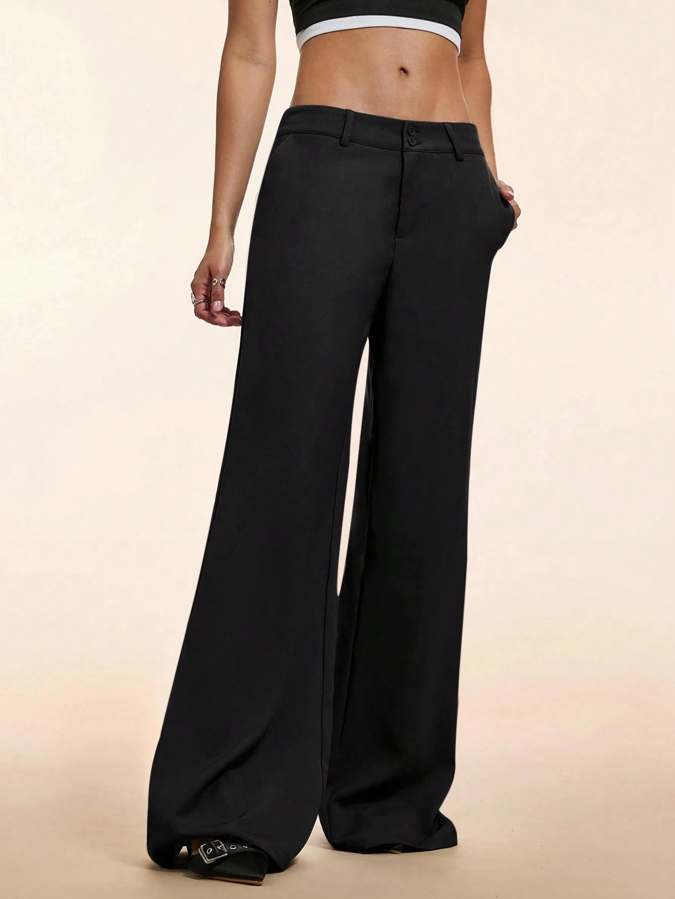 Women's Elegant Low Waist Wide Leg Pants Casual Ribbed Slight Flared Mopping Trousers Streetwear Polyester Elastane Blend