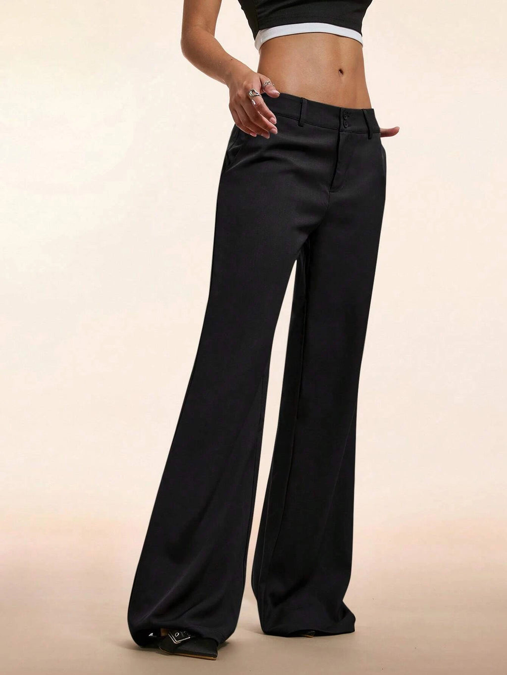 Women's Elegant Low Waist Wide Leg Pants Casual Ribbed Slight Flared Mopping Trousers Streetwear Polyester Elastane Blend