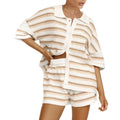 Summer Women's Striped Knitted 2-Piece Set Short Sleeve Flip Collar Cardigan & Casual Shorts Loose Fit Polyester Casual Wear
