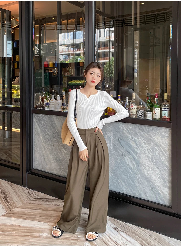 Women's V-neck Knitted Ribbed Sweater Slim Fit High Quality Autumn Winter Pullover Casual Long Sleeve Bodycon Sweater