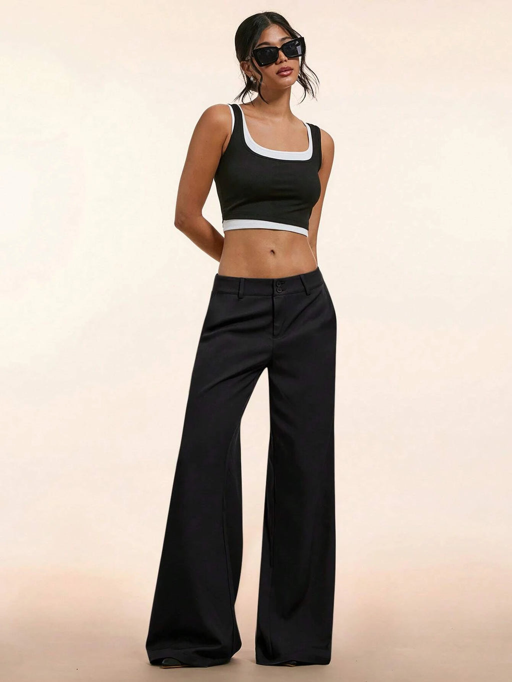 Women's Elegant Low Waist Wide Leg Pants Casual Ribbed Slight Flared Mopping Trousers Streetwear Polyester Elastane Blend
