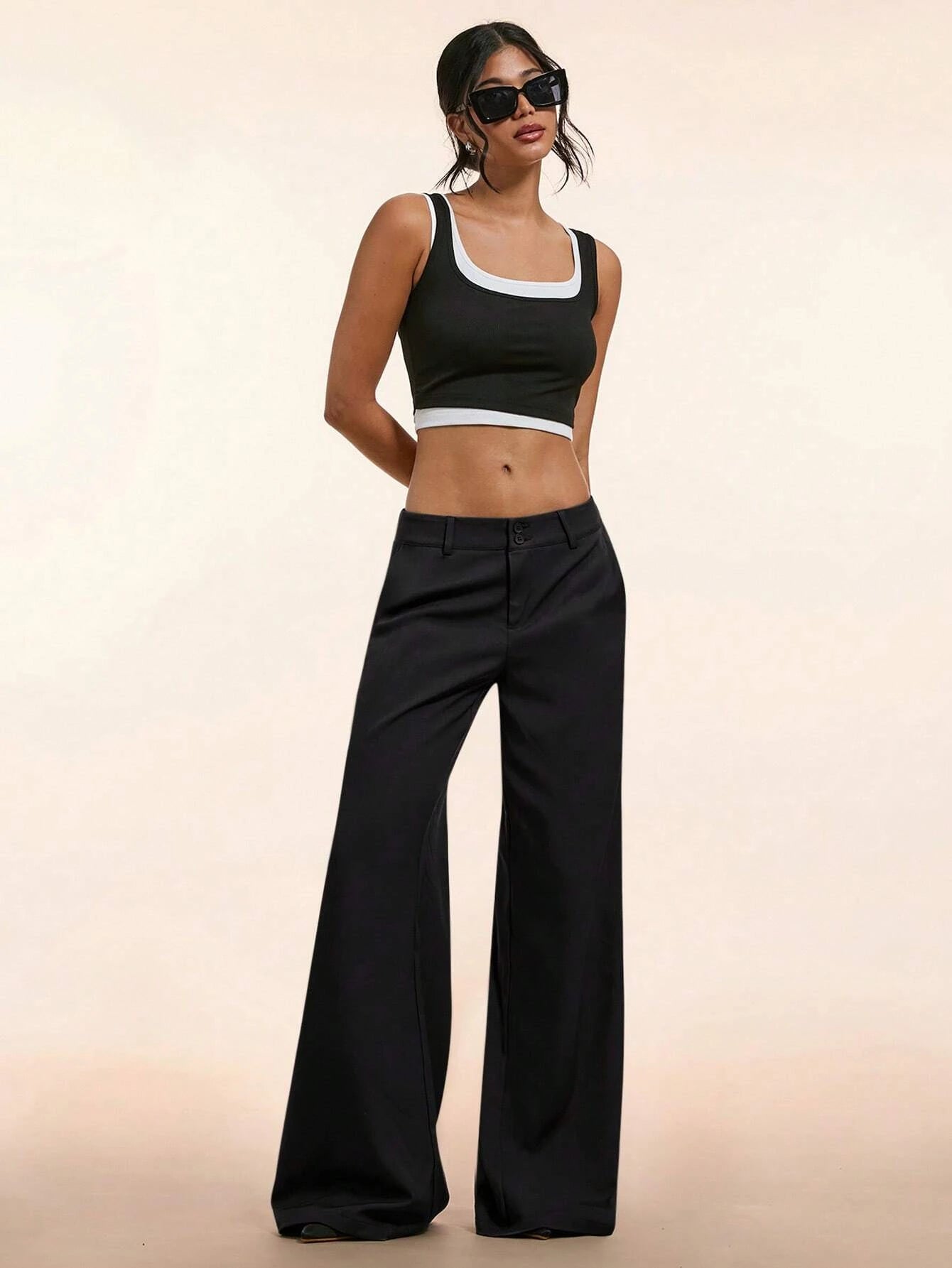 Women's Elegant Low Waist Wide Leg Pants Casual Ribbed Slight Flared Mopping Trousers Streetwear Polyester Elastane Blend