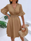 Women's Solid Dress 2025 New Summer Temperament Fashion Hollow Out V-neck Flared Sleeves Casual Women's Dress White Beach Dress