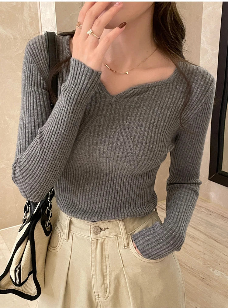 Women's V-neck Knitted Ribbed Sweater Slim Fit High Quality Autumn Winter Pullover Casual Long Sleeve Bodycon Sweater