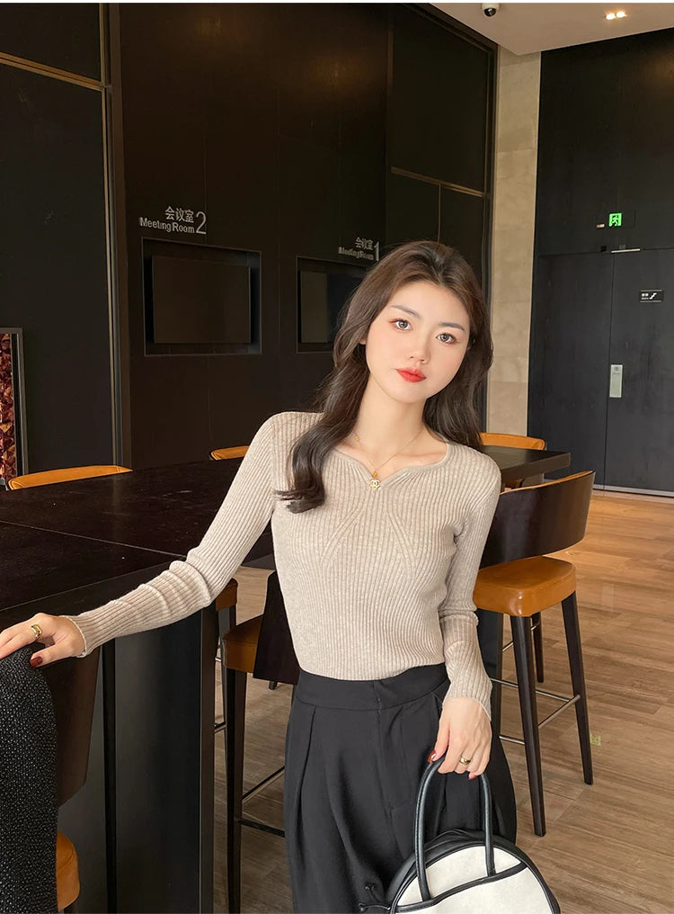 Women's V-neck Knitted Ribbed Sweater Slim Fit High Quality Autumn Winter Pullover Casual Long Sleeve Bodycon Sweater
