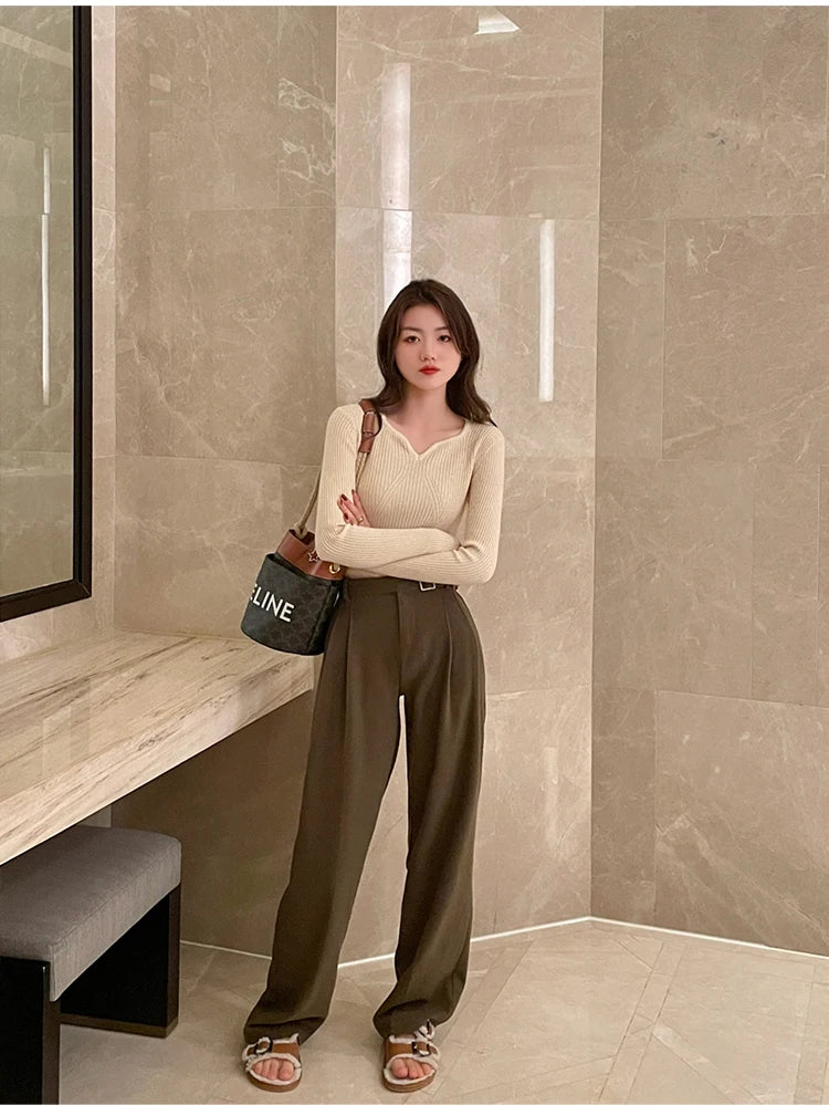 Women's V-neck Knitted Ribbed Sweater Slim Fit High Quality Autumn Winter Pullover Casual Long Sleeve Bodycon Sweater