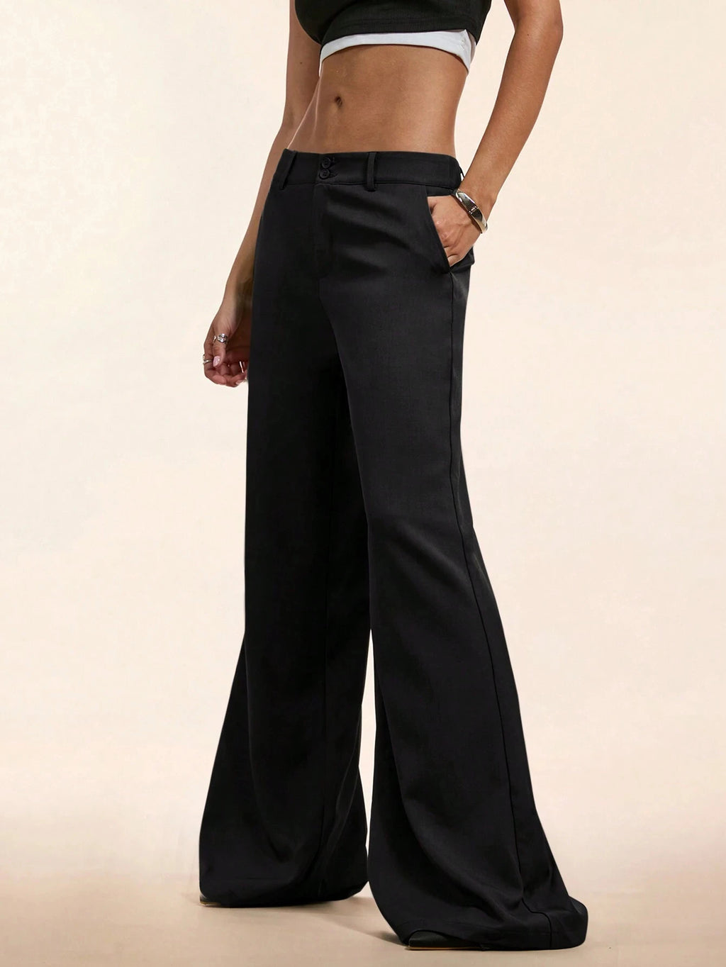 Women's Elegant Low Waist Wide Leg Pants Casual Ribbed Slight Flared Mopping Trousers Streetwear Polyester Elastane Blend