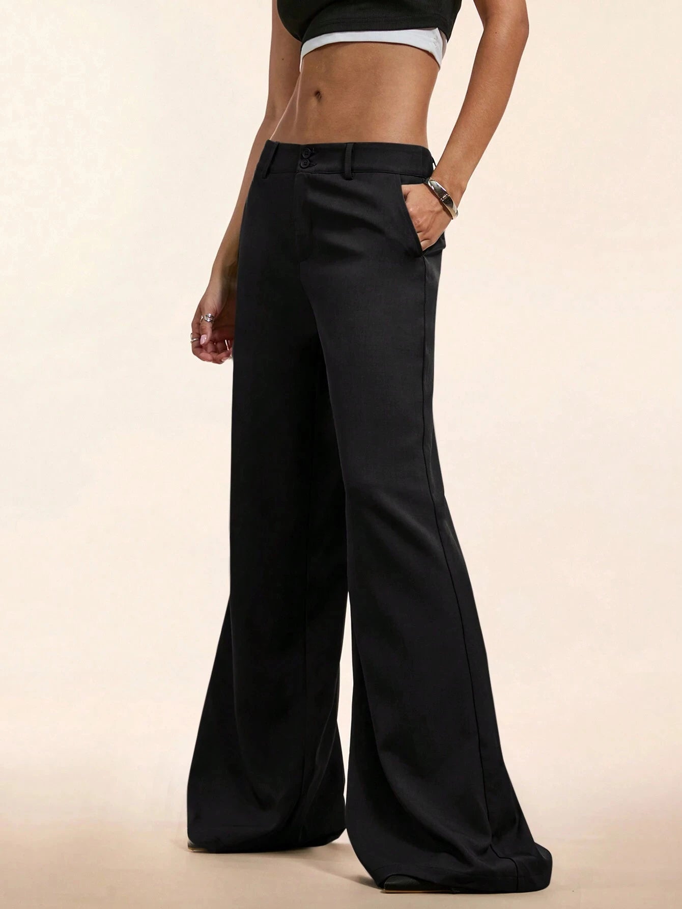 Women's Elegant Low Waist Wide Leg Pants Casual Ribbed Slight Flared Mopping Trousers Streetwear Polyester Elastane Blend