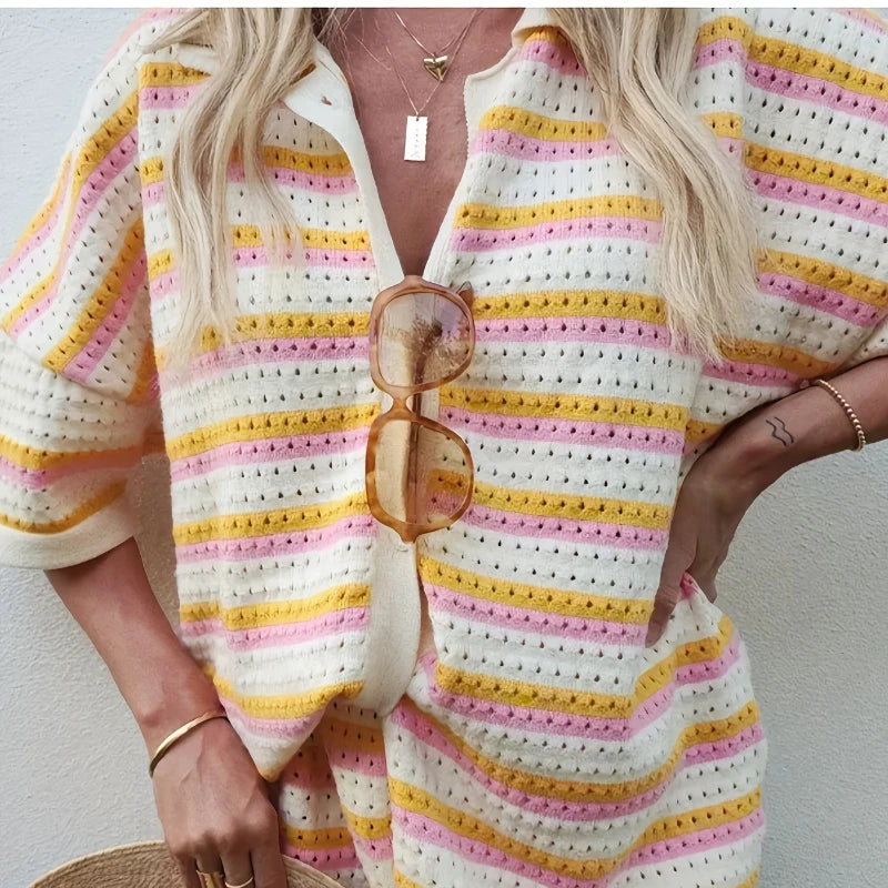 Summer Women's Striped Knitted 2-Piece Set Short Sleeve Flip Collar Cardigan & Casual Shorts Loose Fit Polyester Casual Wear